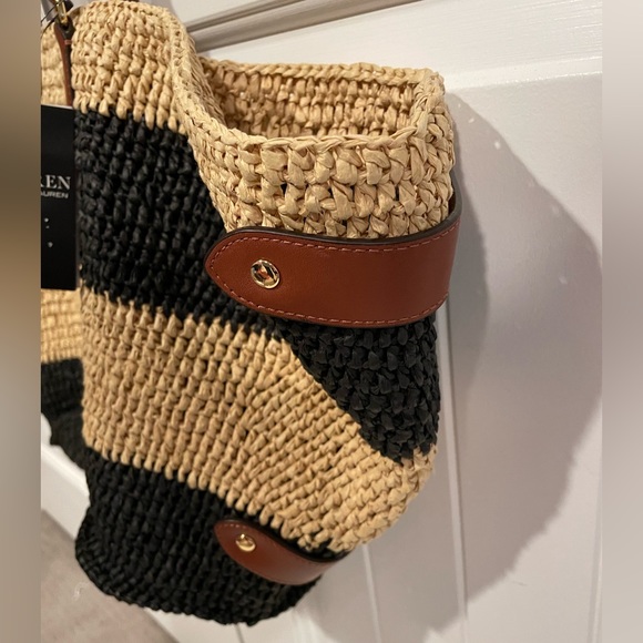 NWT Lauren Ralph Lauren Striped Straw Medium Daphney Tote Bag - Picture 7 of 11